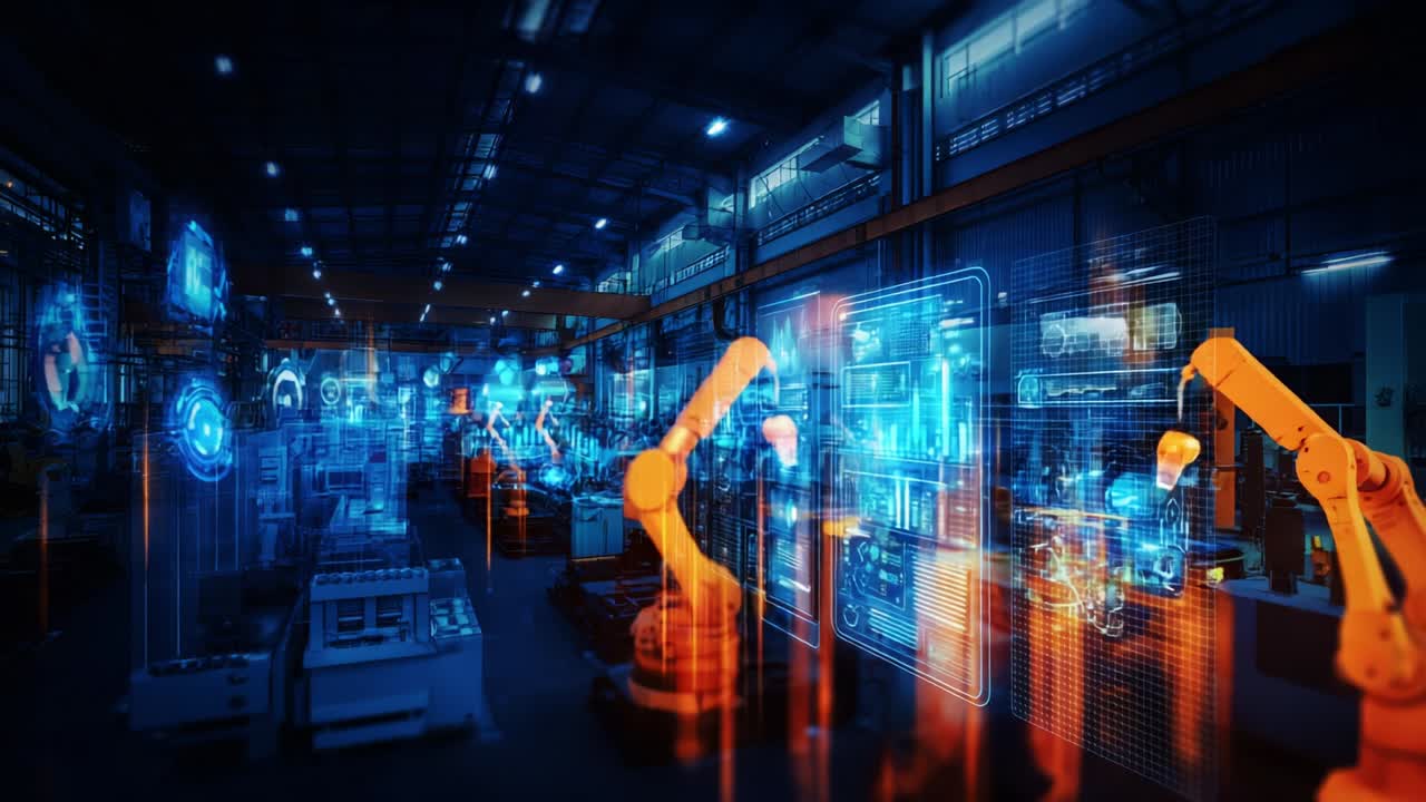 Exploring the Future of Industry: A Technologically Advanced Factory Space Featuring Automated Robotics and Digital Interfaces for Enhanced Manufacturing Efficiency and Innovation