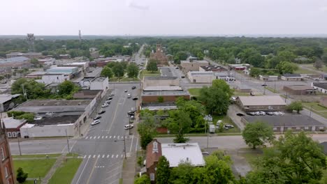 tuskegee, alabama downtown and macon county, alabama courthouse with drone video moving left to right