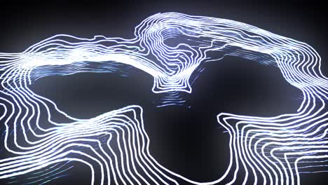 White deformed wavy wires with motion glowing elements at black background. Depth of field. 3D render loop animation