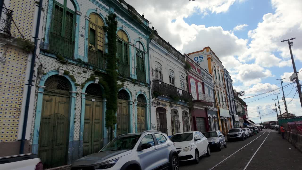 Brazil, Belem, The Ver-o-Peso Market and Surroundings:Perspectives of typical house facades in Belem, Para, highlighting the charming architecture and vibrant colors that reflect the local culture