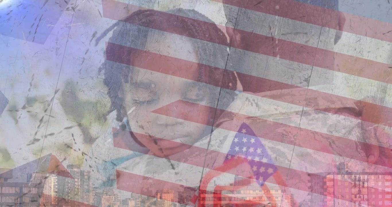 Animazione di soldato con il figlio sulla bandiera americana.
