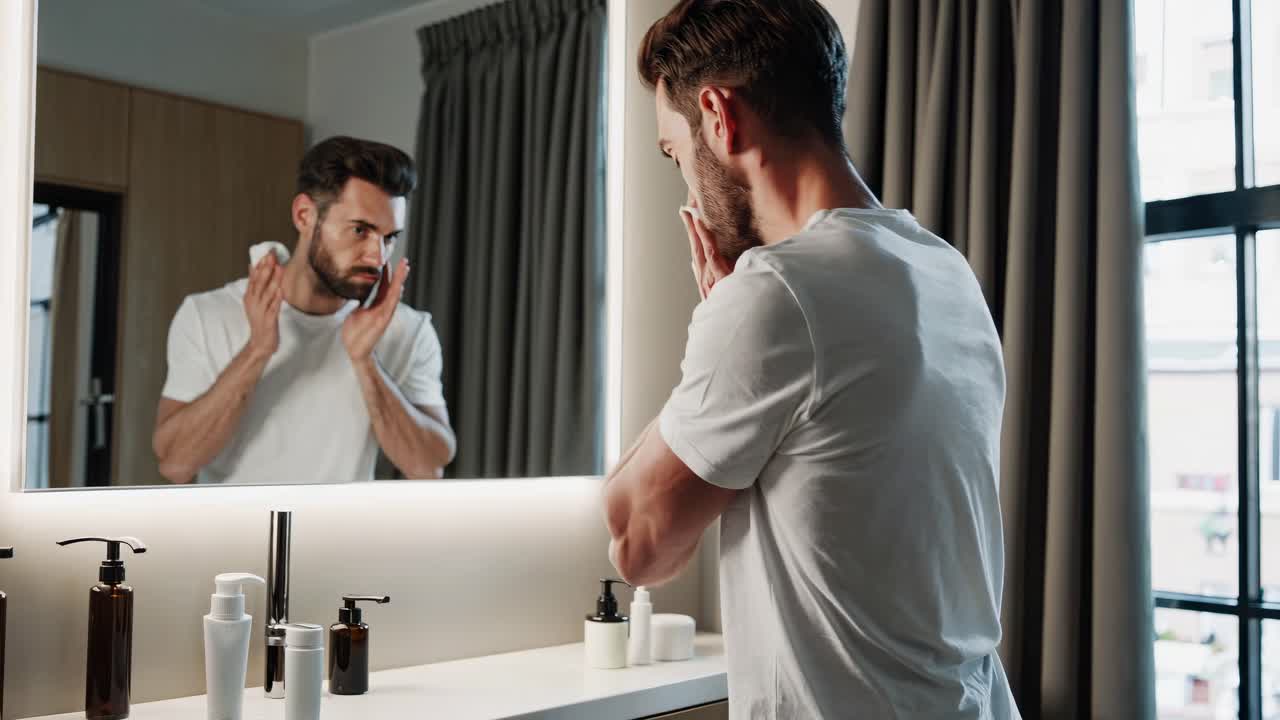 남자 가 화장실 에서 얼굴 을 고 있다