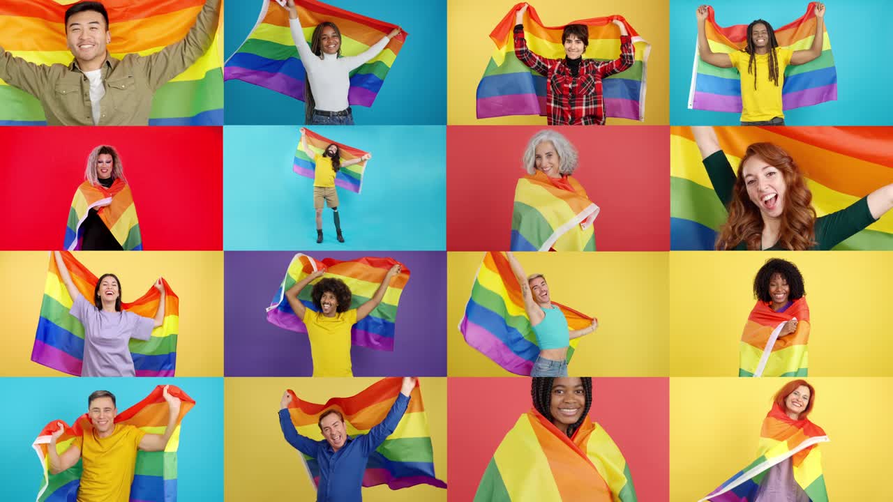 Diverse group of people celebrating LGBTQ Pride with rainbow flags