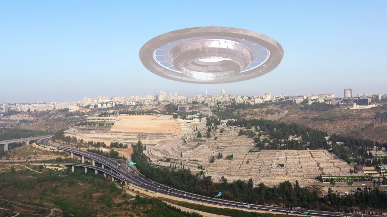 ufo sobre jerusalem paisaje urbano y cementerio