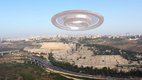 ufo over jerusalem cityscape and cemetery