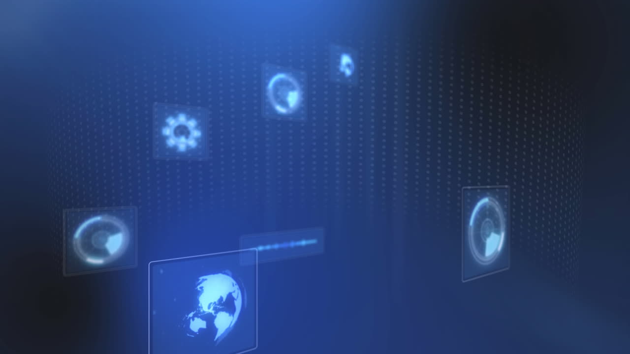 animación de escaneos y procesamiento de datos en pantallas sobre filas de puntos