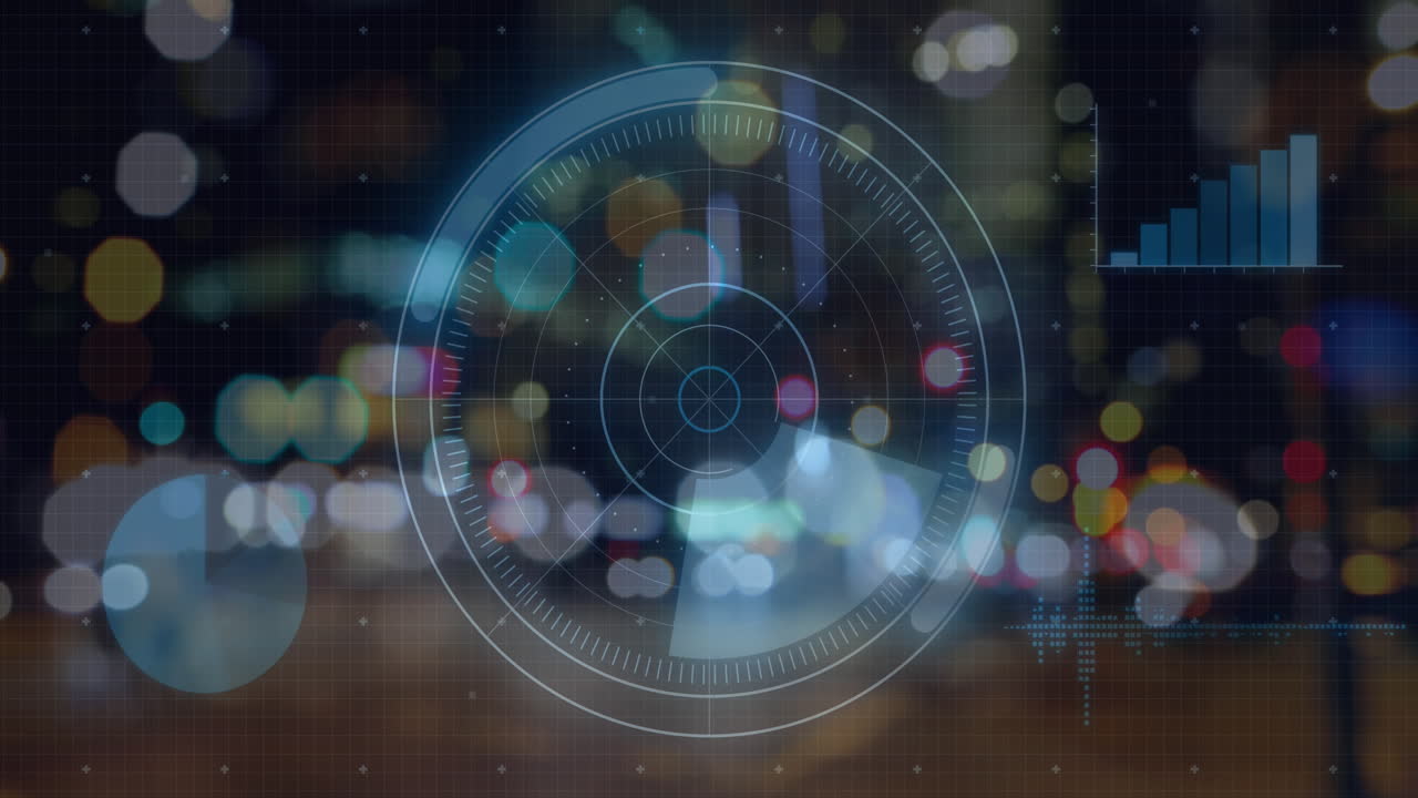 animación del procesamiento de datos con escaneo de alcance sobre las luces de la ciudad