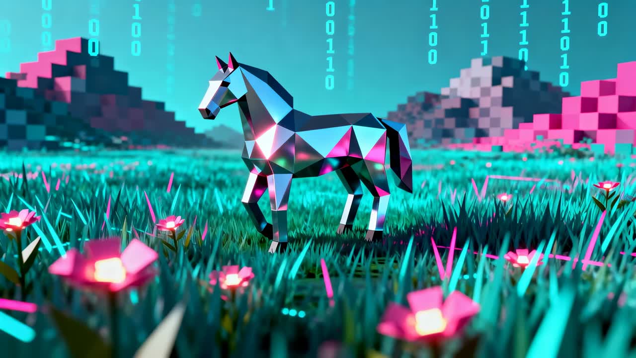 Lavpoly metallisk hest som reflekterer mens kameraet panorerer innover på et neonfelt og avslører et rosa spor