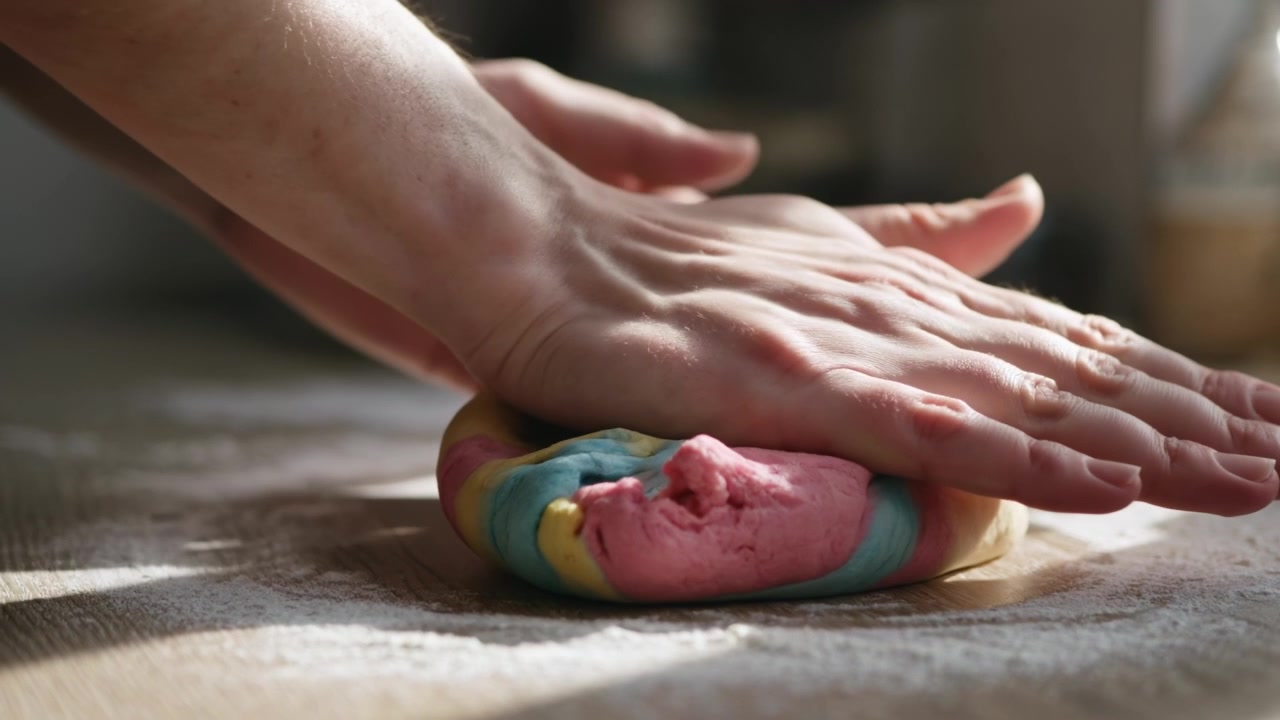 Hands kneading a colorful ball of dough on a wooden surface dusted with flour