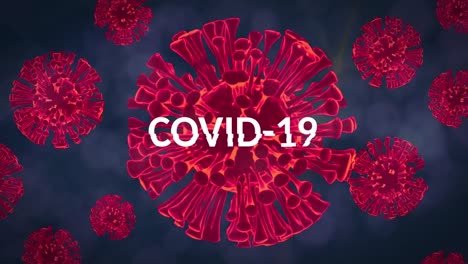 Animation-Von-Covid-19-Text-über-Roten-Blutkörperchen-Des-Coronavirus,-Die-Auf-Blauem-Hintergrund-Schweben