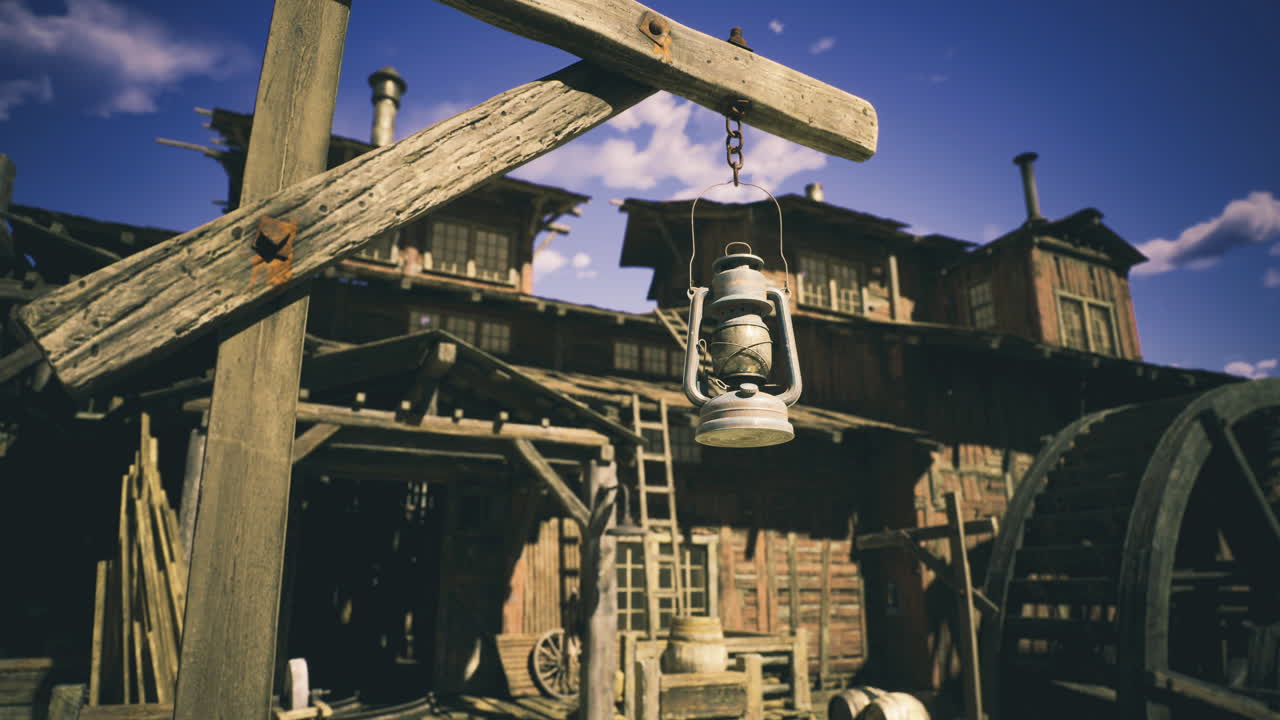 Rustic lantern hanging at an old wooden structure in a deserted town