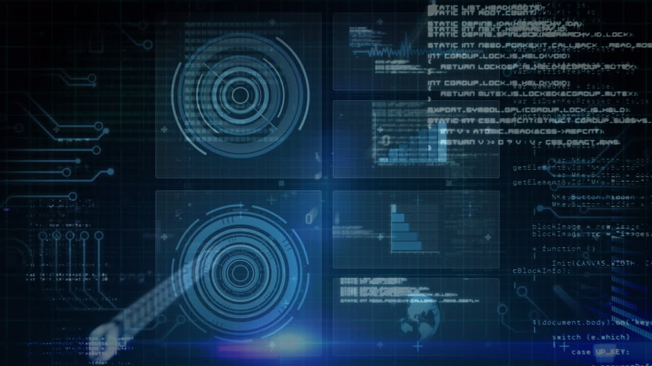 Animation of data processing over scan scope on dark background