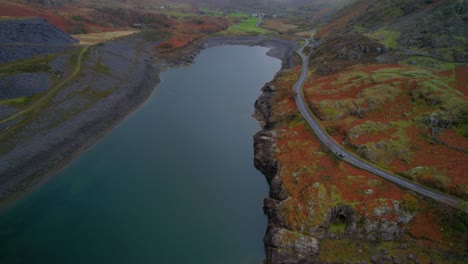 lake at the dinorwic quarry in beautiful wales landscape - aerial