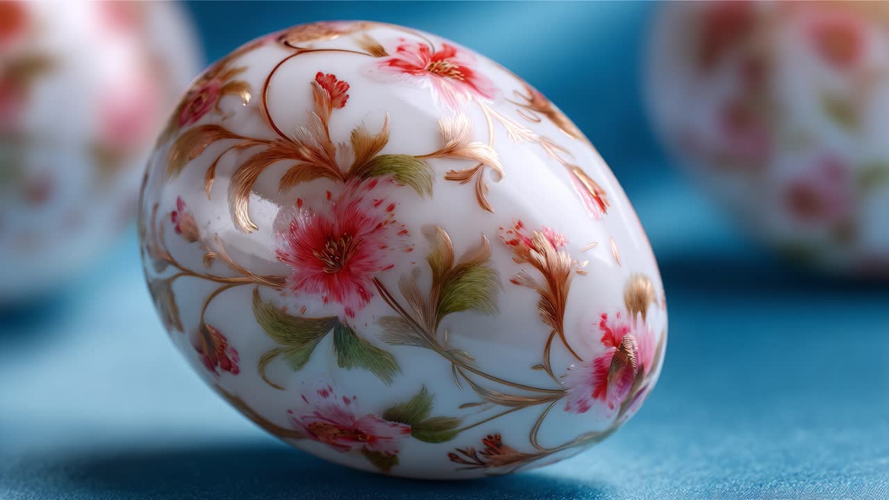 Beautifully Hand-Painted Floral Egg Design on Soft Blue Fabric with Exquisite Detailing, Perfect for Easter Celebrations and Artistic Decoration Displays