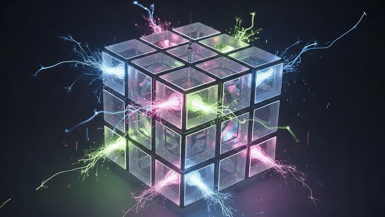 Explosive Energy and Dynamic Colors Emanate from a Futuristic, Electrified Rubik's Cube Design, Capturing the Intersection of Puzzle and Technological Artistry