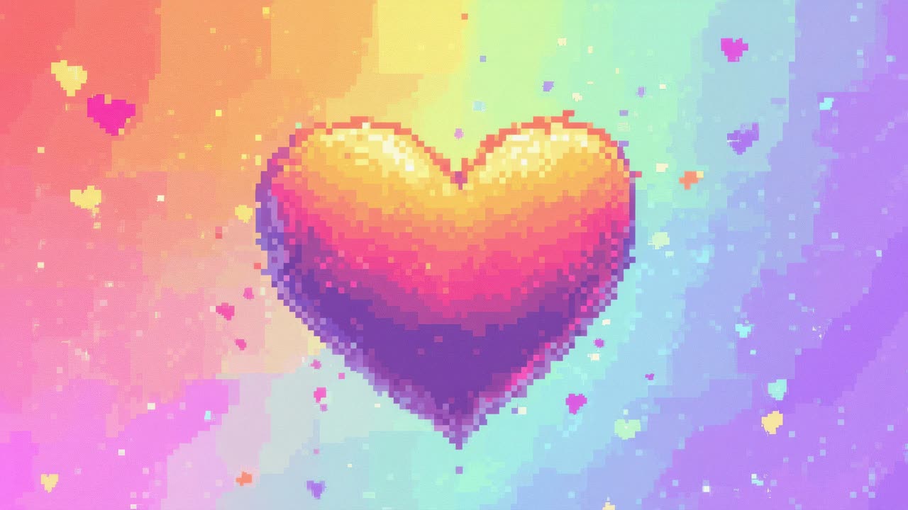 Pixel art heart on a rainbow gradient background, viewed from a front angle