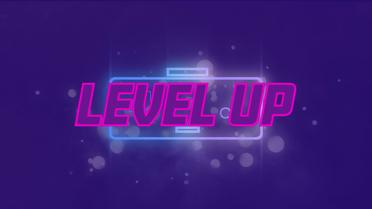 animación de nivel de texto sobre la consola de videojuegos en fondo púrpura.