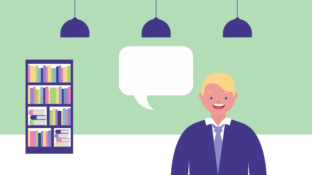 businessman talking with library avatar character