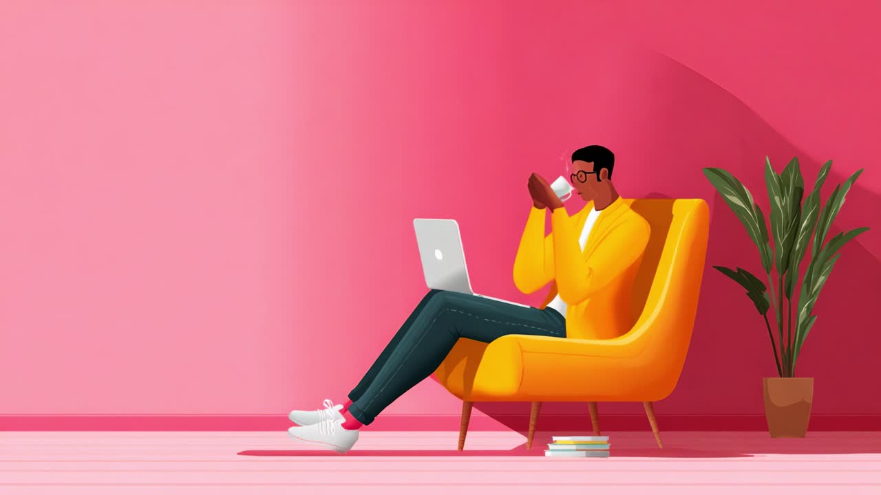 A modern illustration of a person cozily seated in a bright orange chair, working on a laptop while enjoying a warm beverage, against a vibrant pink background