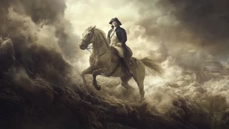 historical leader riding through a storm