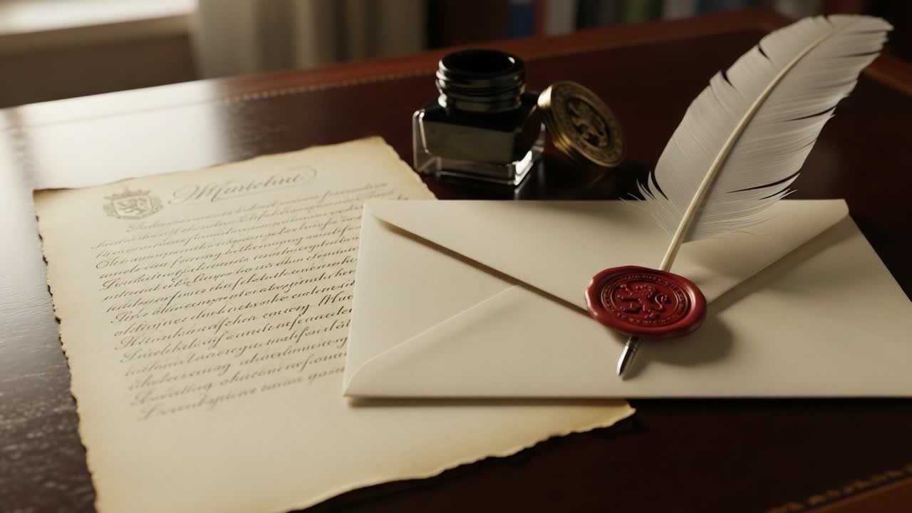 An Elegant Composition Featuring an Ink Well, Quill Pen, and Sealed Letter on a Wooden Desk, Evoking a Classic Writing Tradition in a Cozy Setting