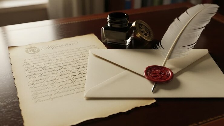 An Elegant Composition Featuring an Ink Well, Quill Pen, and Sealed Letter on a Wooden Desk, Evoking a Classic Writing Tradition in a Cozy Setting