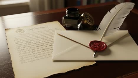 an elegant composition featuring an ink well, quill pen, and sealed letter on a wooden desk, evoking a classic writing tradition in a cozy setting