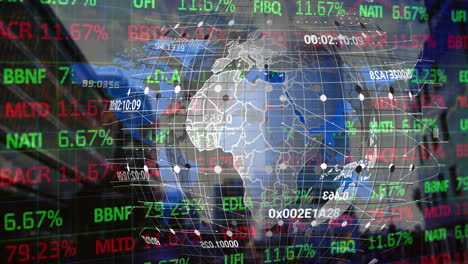 animation of data processing and globe over cityscape