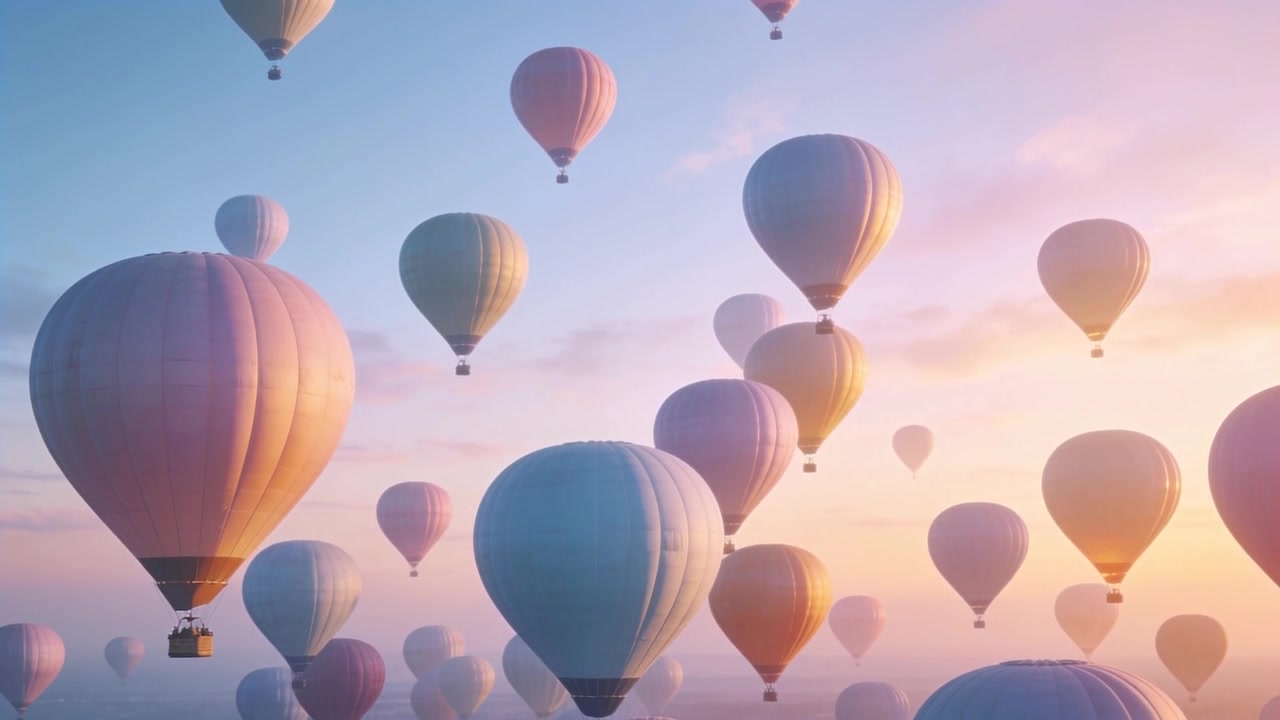 Sisli gökyüzünde yükselen sürüklenen pastel sıcak hava balonları, kamera hareketi hasır sepetleri ortaya çıkarıyor.