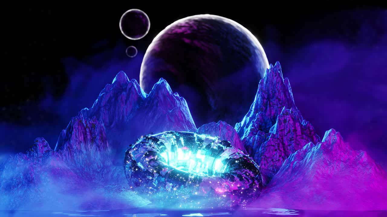 Modern futuristic neon abstract background. Spaceship ring in the center.3d animation