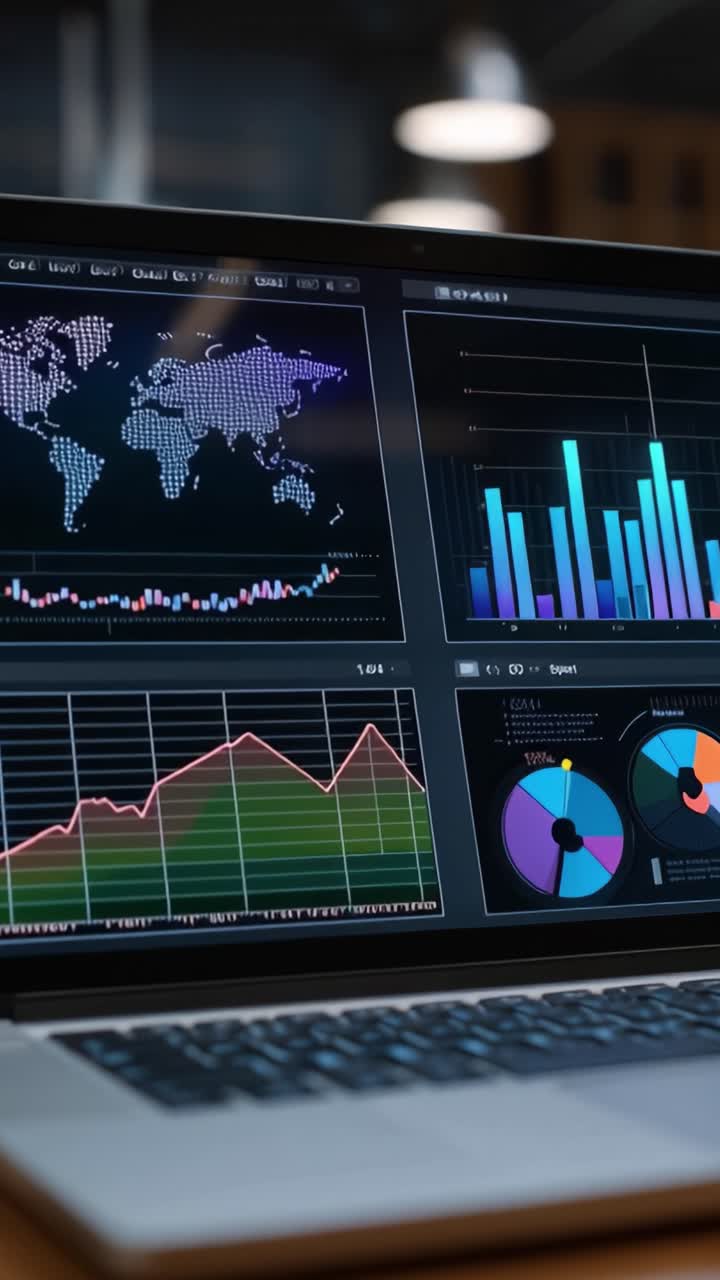 Datanaalyse-dashbord som viser globale trender og innsikt med fargerike diagrammer og grafer på en laptopskjerm i et moderne arbeidsmiljø.