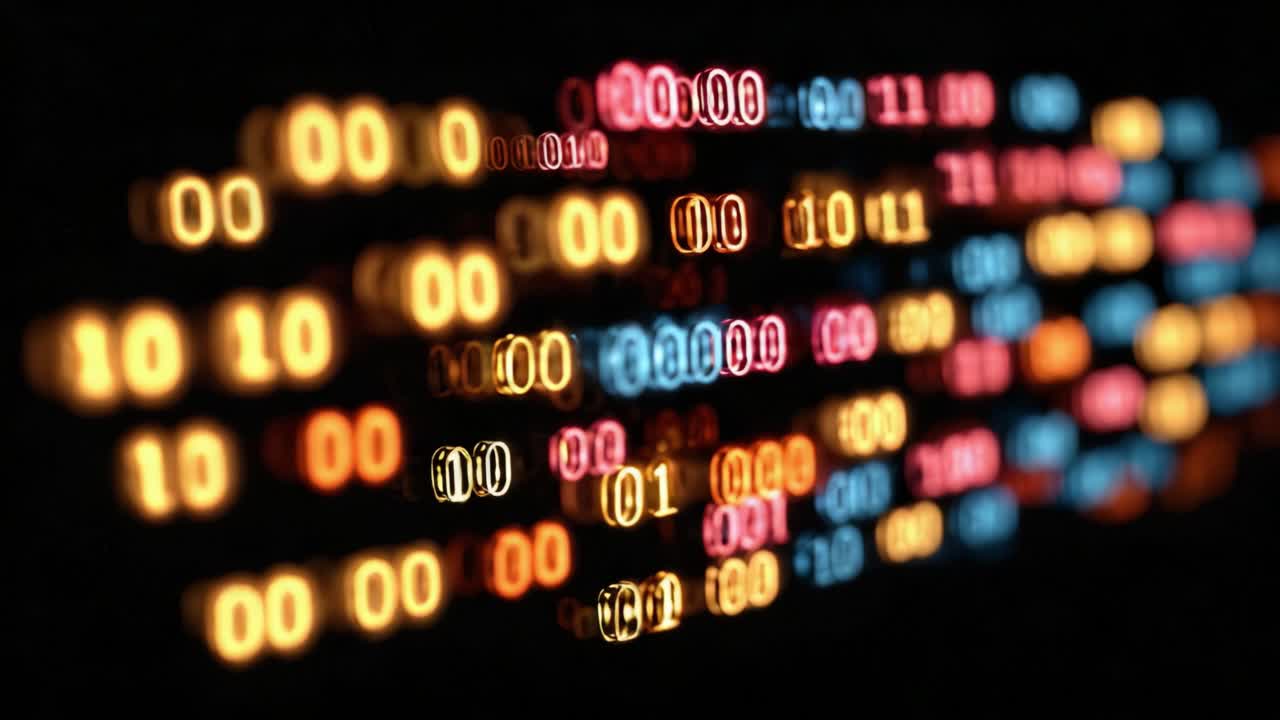 Abstract motion background showing colorful streams of glowing binary code data flowing through the dark, representing concepts of technology, big data, hacking, and cyberspace