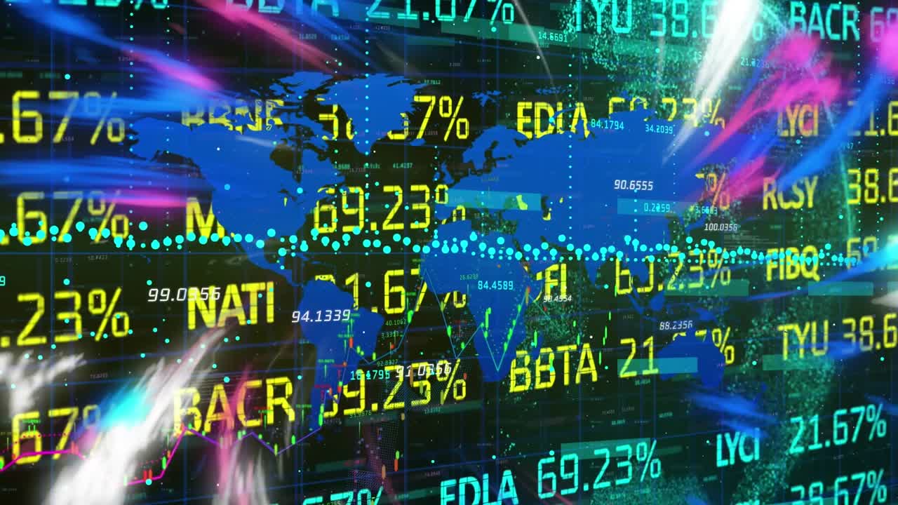 Animation of financial data over world map, globe and lights