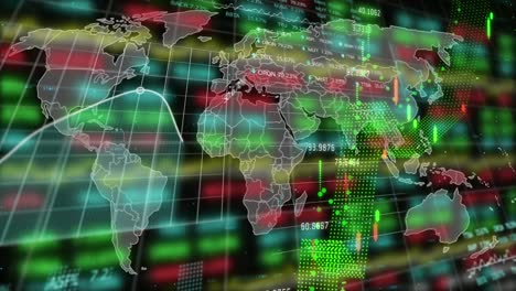 animation of financial and stock market data processing over world map against black background