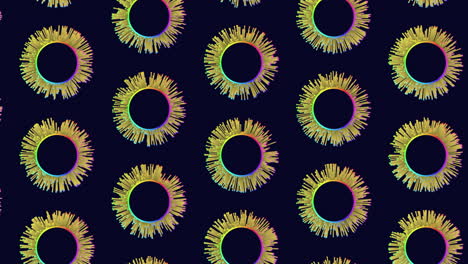 Vibrant-and-colorful-circle-pattern-on-black-background-yellow,-orange,-and-pink-shades