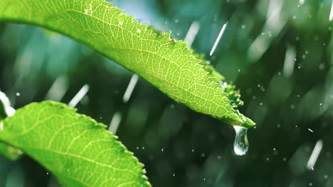 Heavy rain falling on leaves. Garden Irrigation. Slow motion.