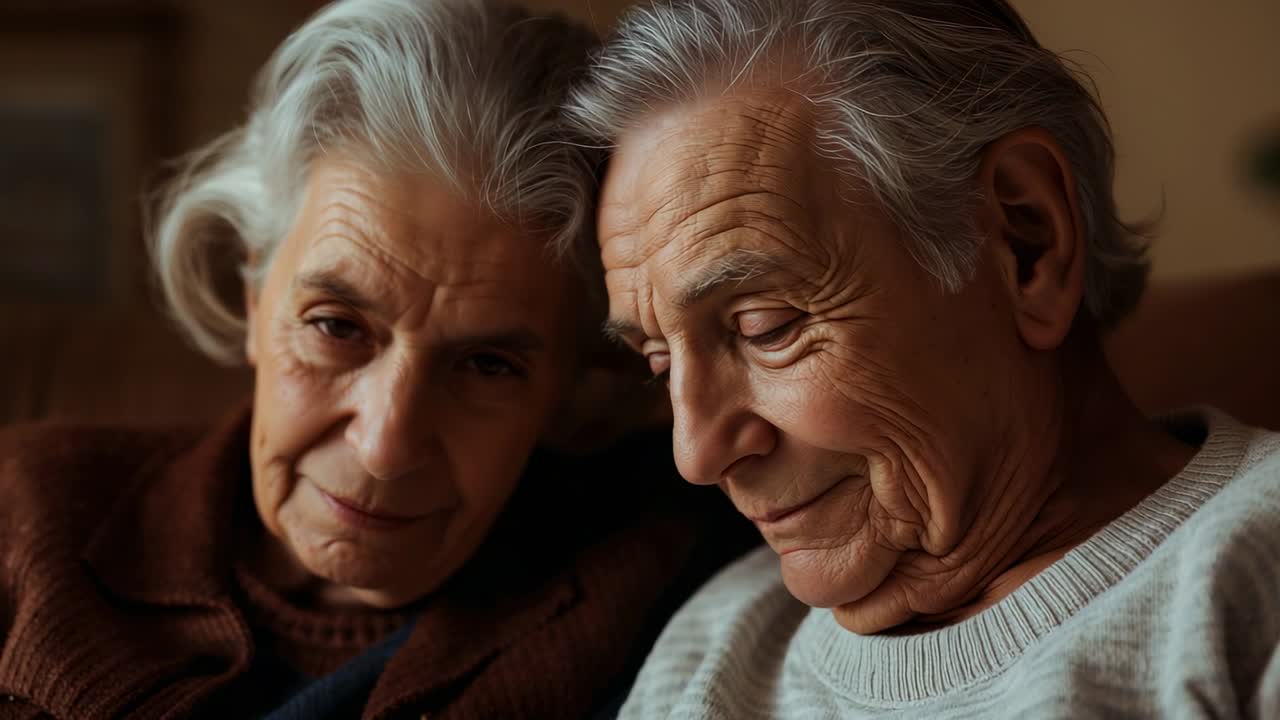 Casal sênior inclinado, compartilhando um olhar calmo para baixo no sofá, câmera segurando um close, suéteres de tricô
