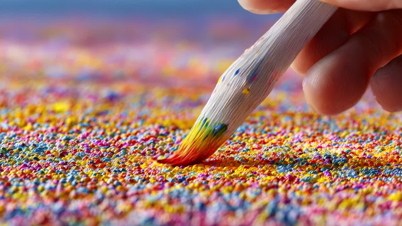 A Hand Artistically Creates Patterns Using a Brush Covered in Vibrant Colored Sprinkles on a Textured Surface for a Creative and Whimsical Art Project