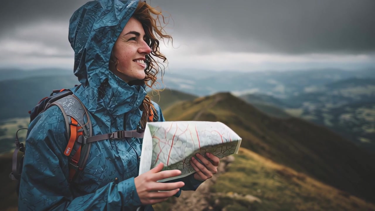Footage of a cheerful woman hiker in a blue rain jacket holding a paper map on a windy mountain ridge with dramatic clouds, outdoor adventure and navigation concept