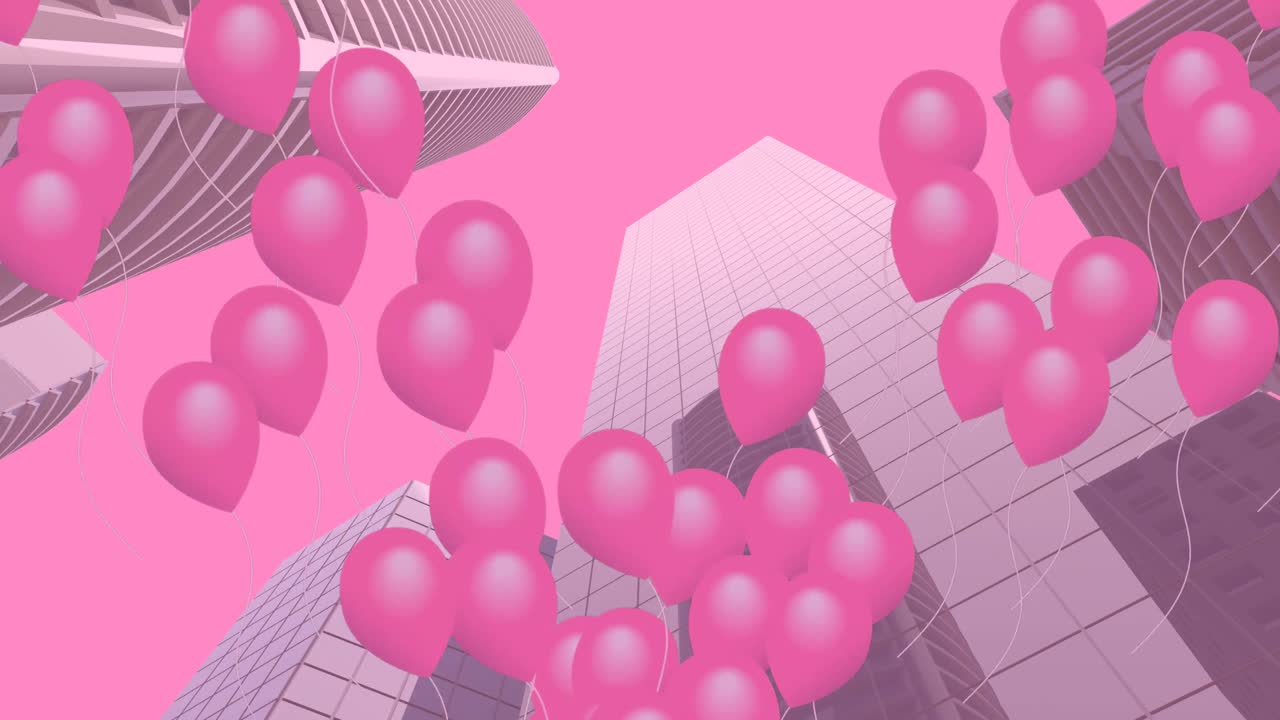 animación digital de varios edificios rosados flotando sobre un modelo tridimensional de edificios altos contra un fondo rosado