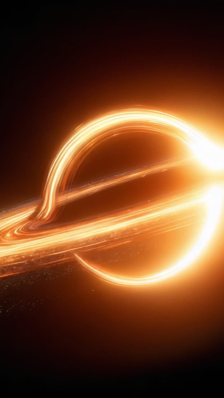 Una visualizzazione mozzafiato di un buco nero circondato da anelli cosmici luminosi, che cattura la bellezza misteriosa e la potenza dell'universo in movimento.