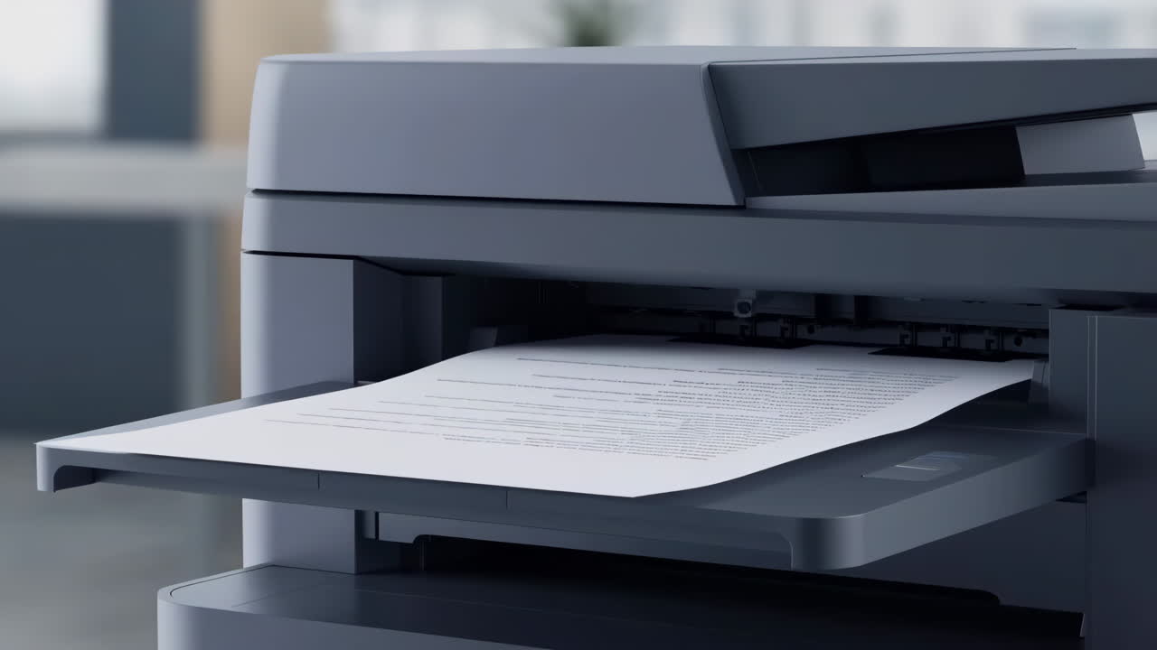 A close-up of a printer with a document in the output tray