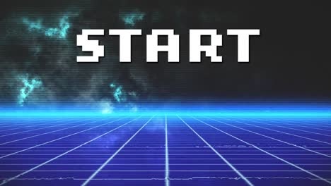 animation of white pixel text start, over blue grid, glowing horizon and blue clouds on black