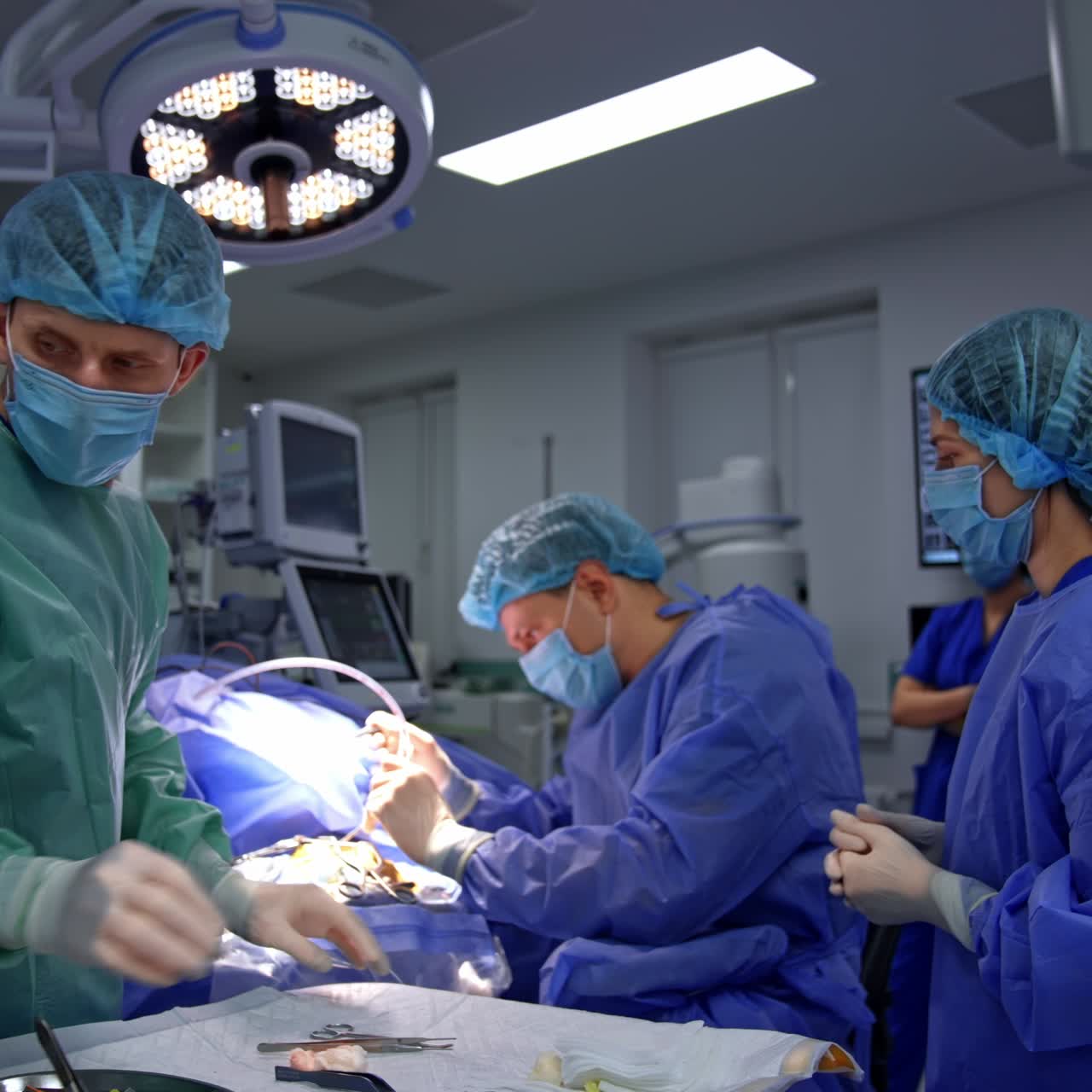 Surgery specialists working in modern operation ward. Emergency doctor with assistants working in new hospital