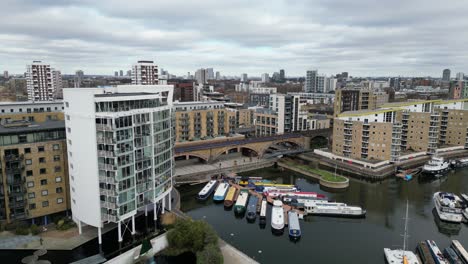 Docklands-Light-railway-arches-Limehouse-basin-East-London-drone-aerial-view