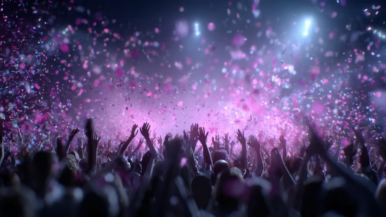 Una vivace celebrazione di gioia ed entusiasmo: cattura l'energia di una folla durante un evento vivace con coriandoli colorati e mani entusiaste alzate al cielo