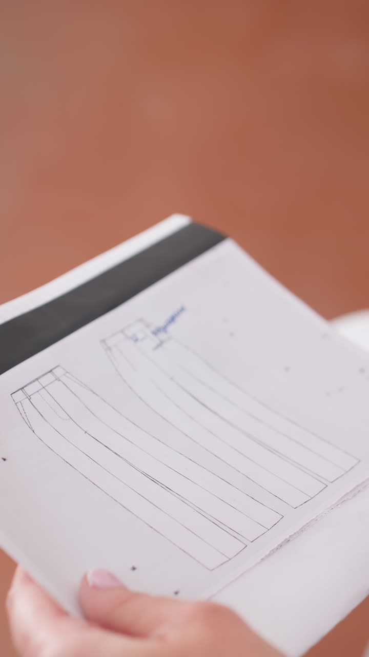 Primer plano de unas manos blancas trazando un patrón de un vestido sobre papel con líneas de costura punteadas, un lápiz marcando puntos de medición, una mesa de madera cálida, un movimiento atento y constante, ambiente de diseño centrado.