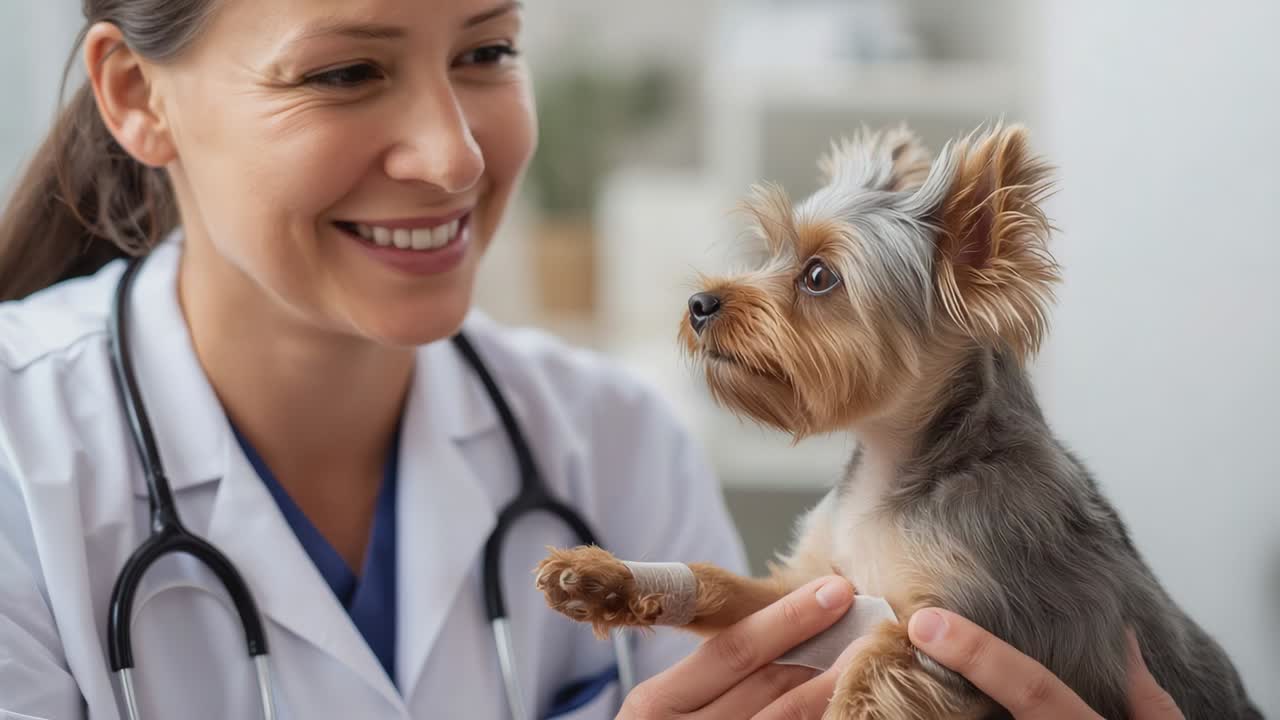 Cradling small dog, woman vet seeing bandaged paw and presenting it in clinic, stethoscope