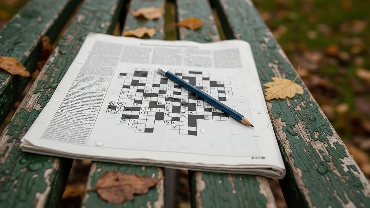 A Relaxing Moment in Nature: Enjoying a Crossword Puzzle on a Park Bench Surrounded by Autumn Leaves and a Tranquil Atmosphere