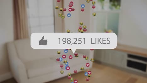 Animation-of-likes-growing-number-with-emoji-icons-over-living-room-interior